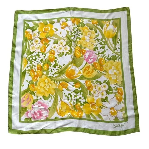 AVON SM Kent Women's Scarf Yellow Green Floral Square Water Repellent Vintage - Picture 3 of 6